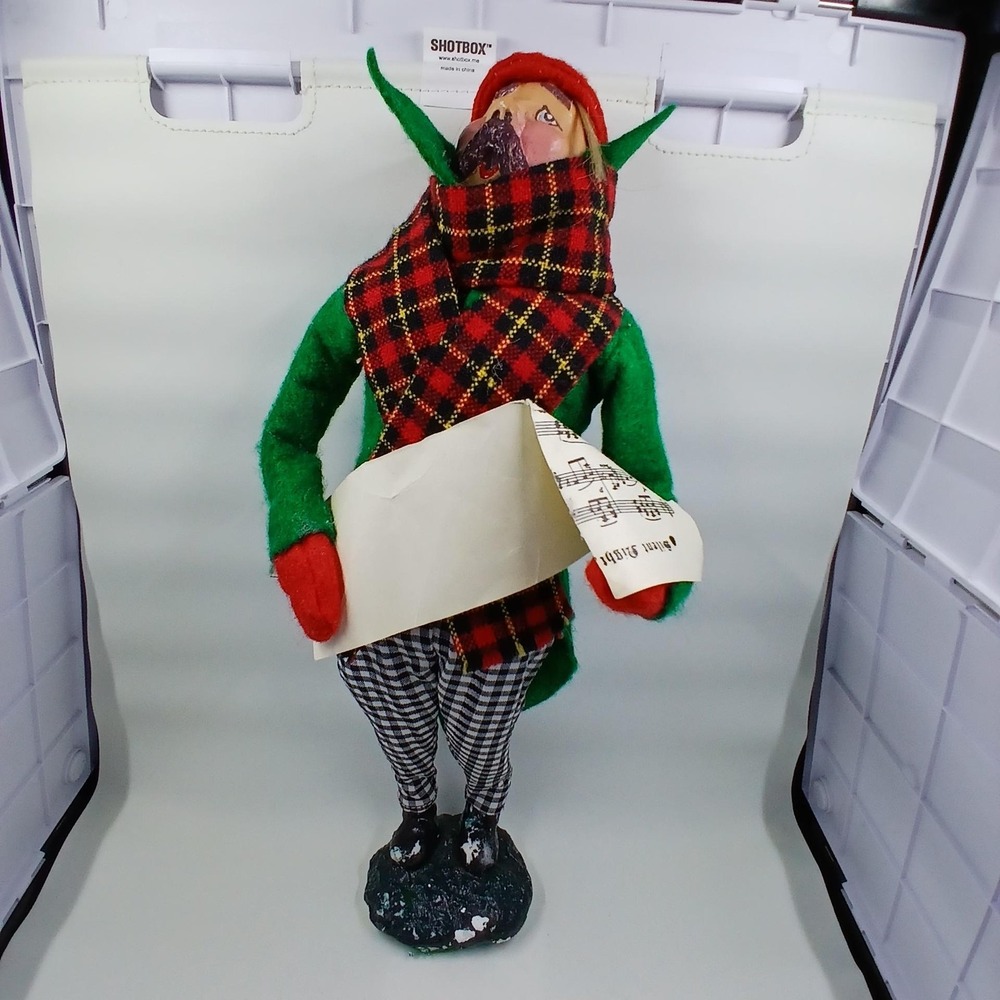 Handmade Christmas Caroler Elf Figurine Plaid Scarf Green Coat Holiday‎ Decor